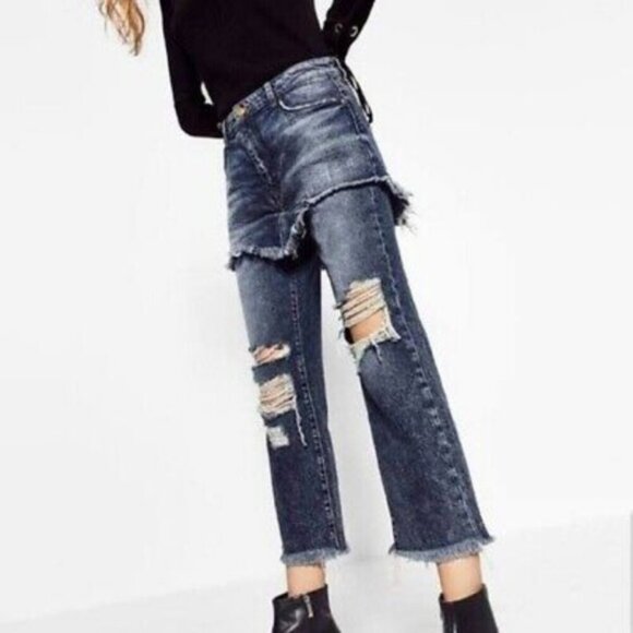 Zara Rare Distressed Streetwear Y2K Cyberpunk Layered Denim Skirted Jeans 00 - Picture 2 of 10